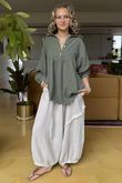 Made in Italy Santos Collared Peasant Smock Blouse Khaki